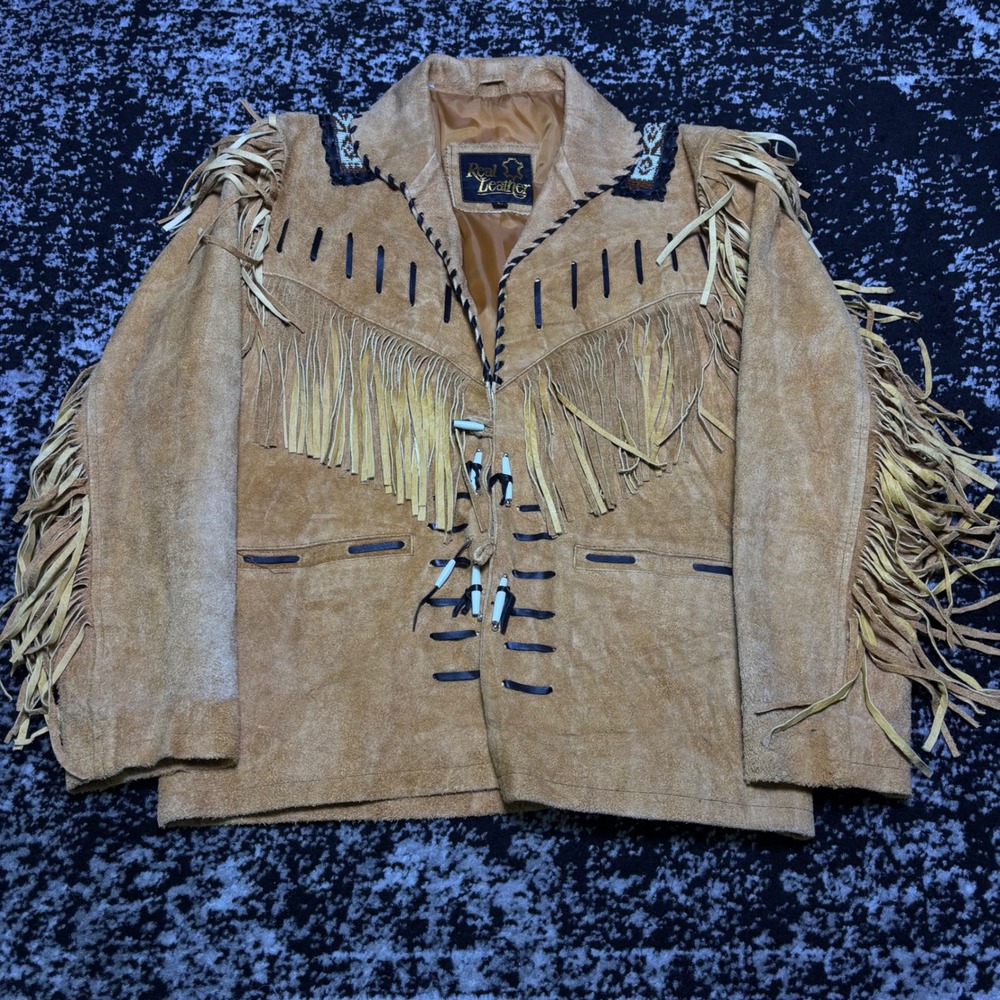 Vintage Real Leather Suede Fringe Western Jacket Tan Beaded Bone Toggles Mens L